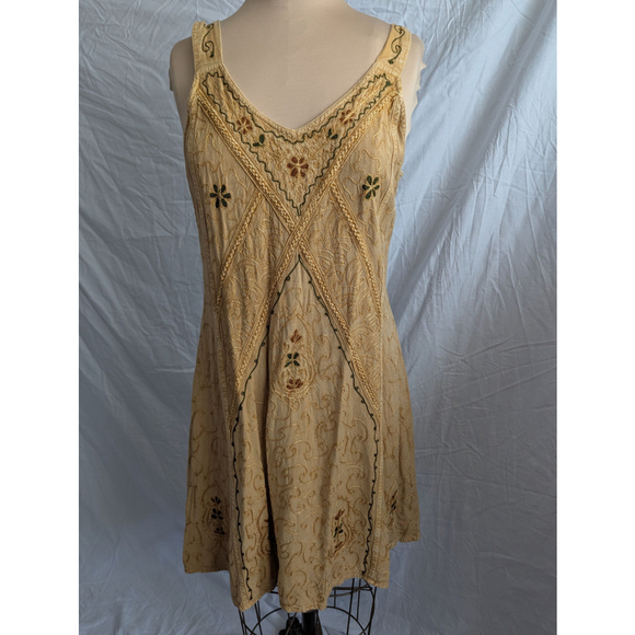 Sleeveless Yellow Embroidered Dress One Size Tie Waist Boho Festival Fairycore - Picture 1 of 6